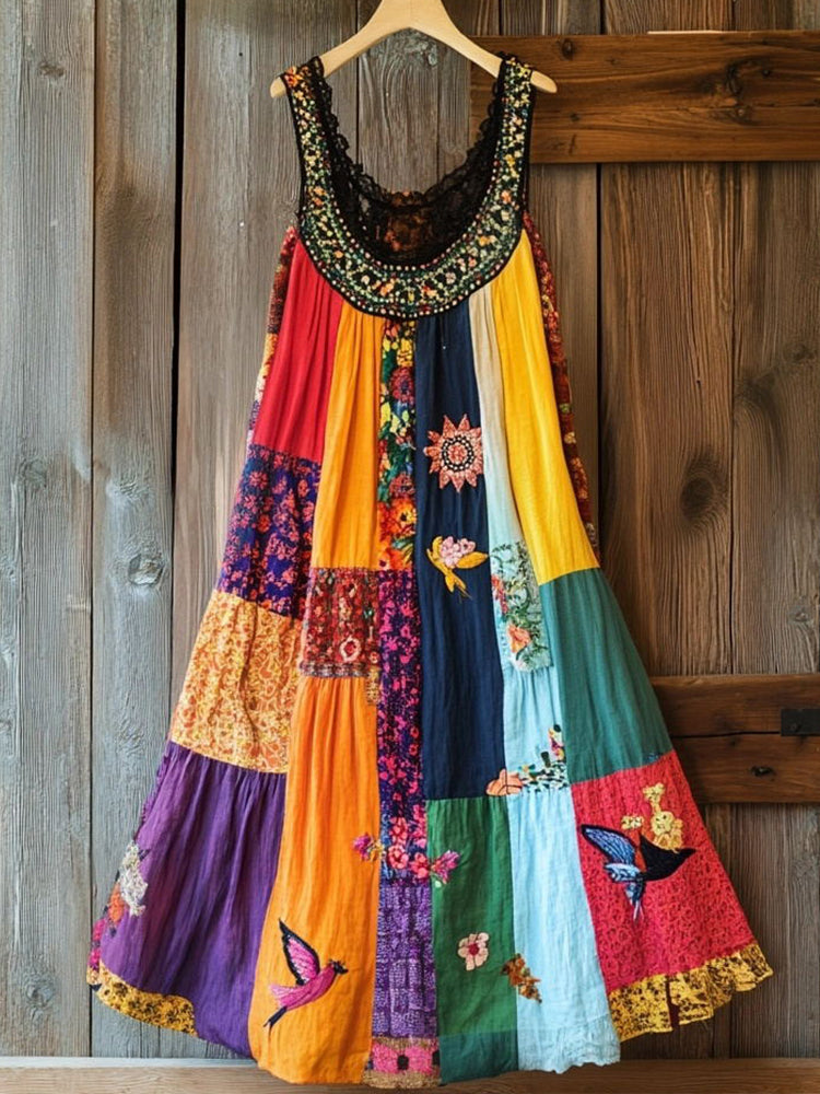 Boho Floral Embroidered Patchwork Linen Blend Dress