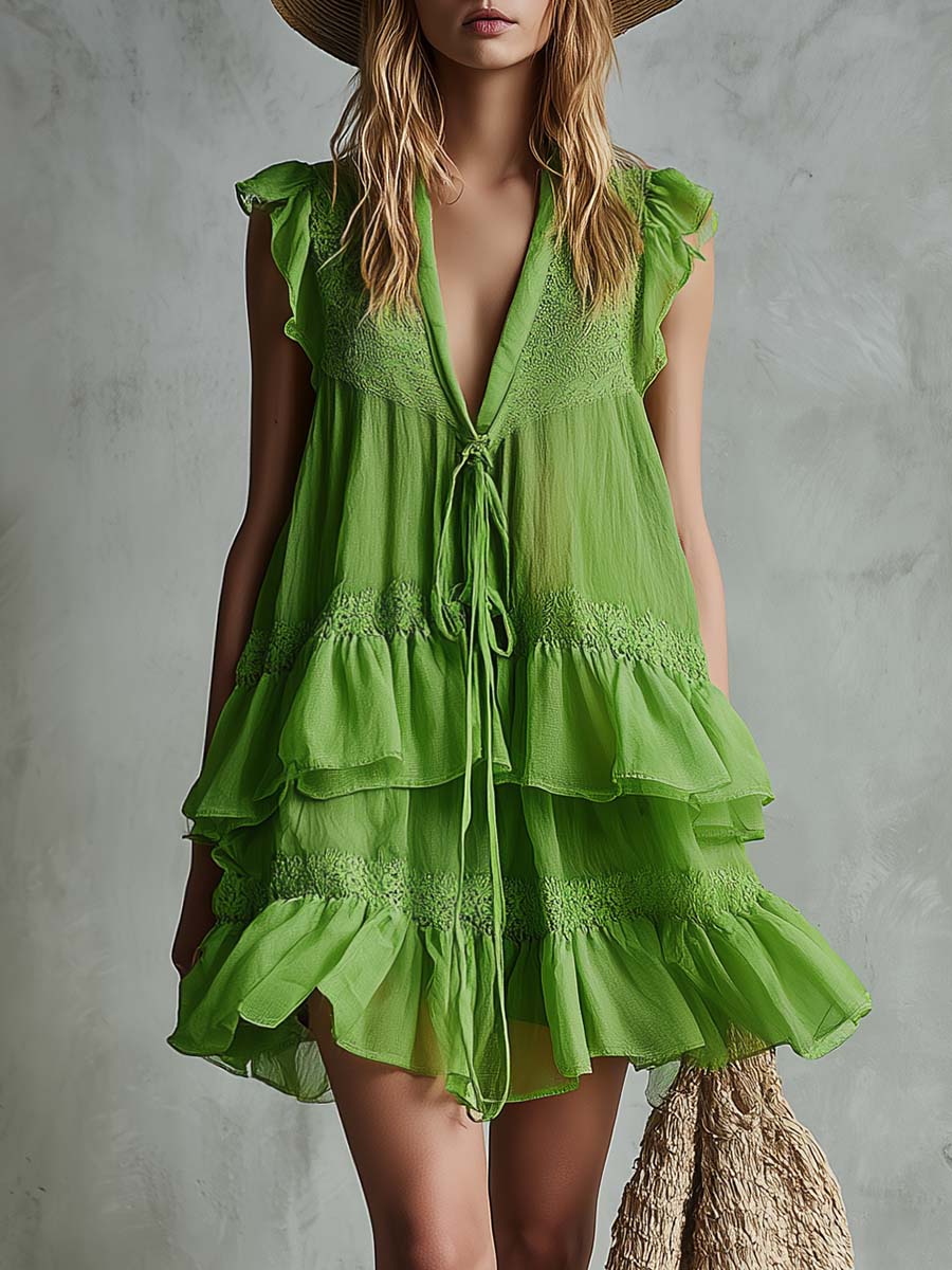 Retro Bohemian Tie-neck V-neck Lace-trimmed Bright Green Chiffon Mini Dress