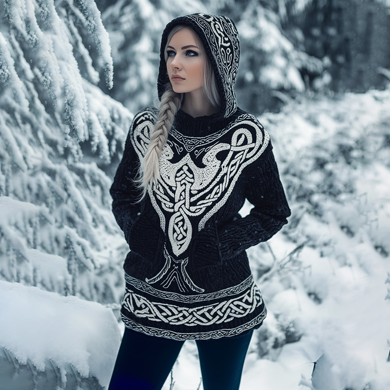 Women's Viking Tribal Celtic Chunky Knit Hooded Sweater