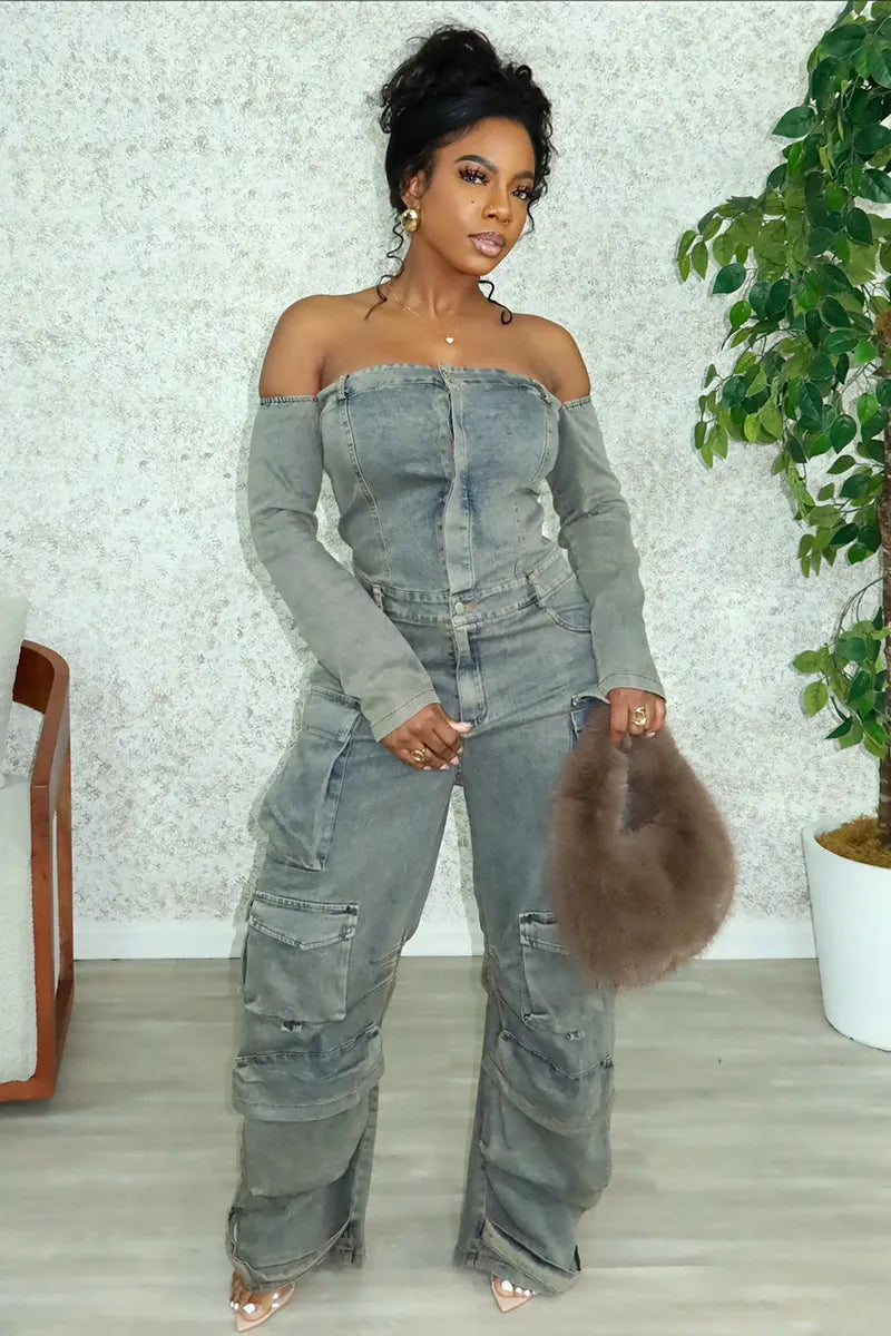 Multi-Pocket Relaxed Fit Denim Jumpsuit For Women