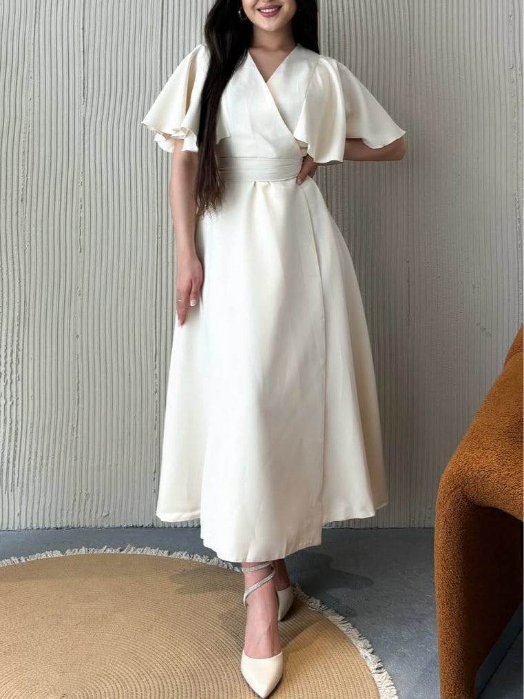 V-neck ruffled sleeve layered waist dress