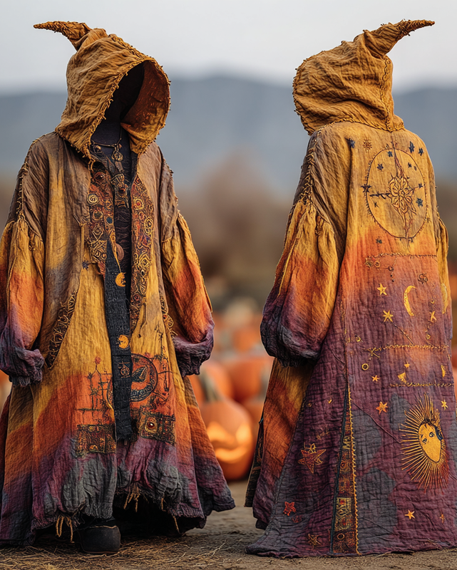 Halloween themed embroidered tie-dye patchwork cape 5f1e