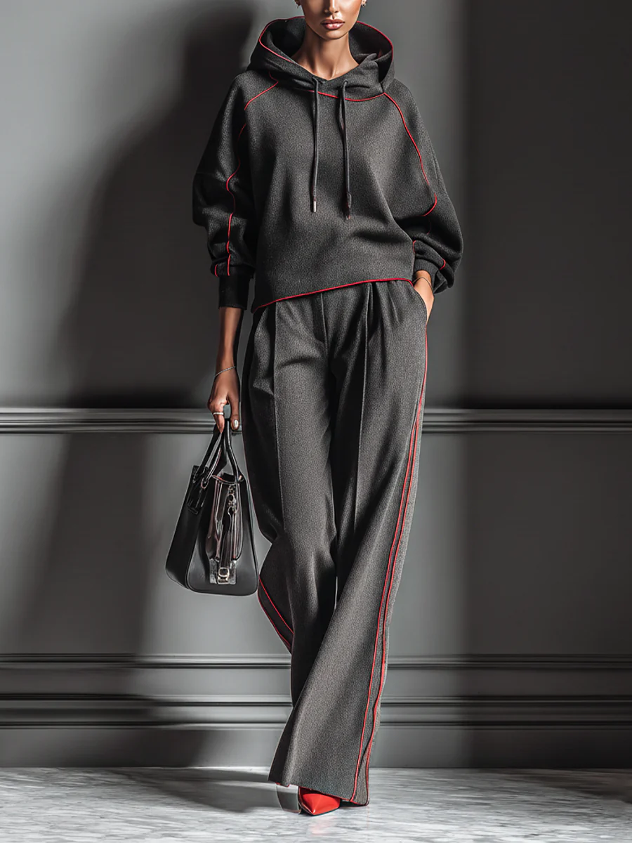 Dark Gray and Red Color-blocked Hooded Sweatshirt and Wide-leg Pants Two-piece Set