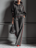Dark Gray and Red Color-blocked Hooded Sweatshirt and Wide-leg Pants Two-piece Set