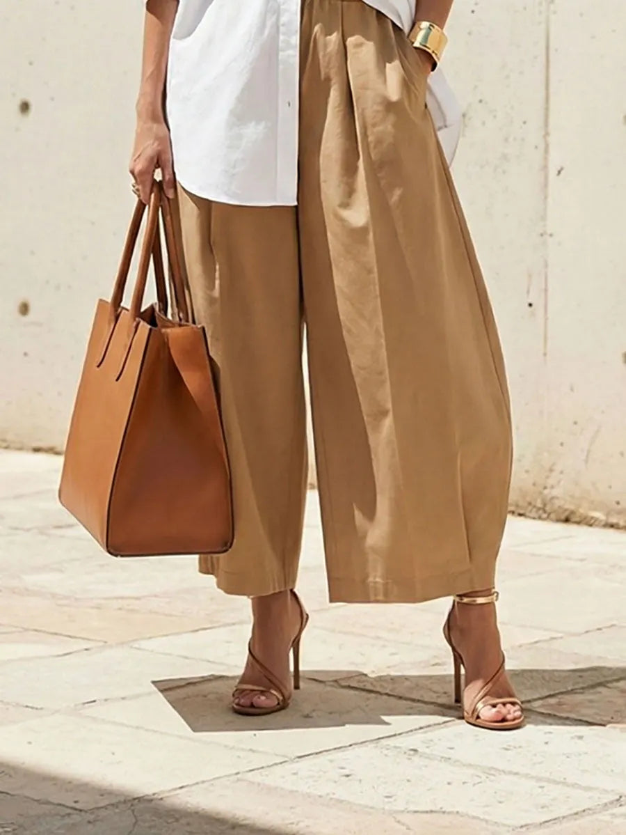 Loose Wide Leg Pleated Pockets Solid Color Pants