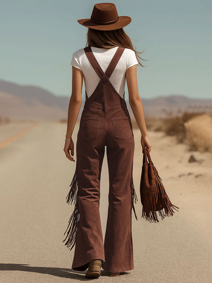 Brown Micro-suede Pocket Tassel Wide-leg Overalls