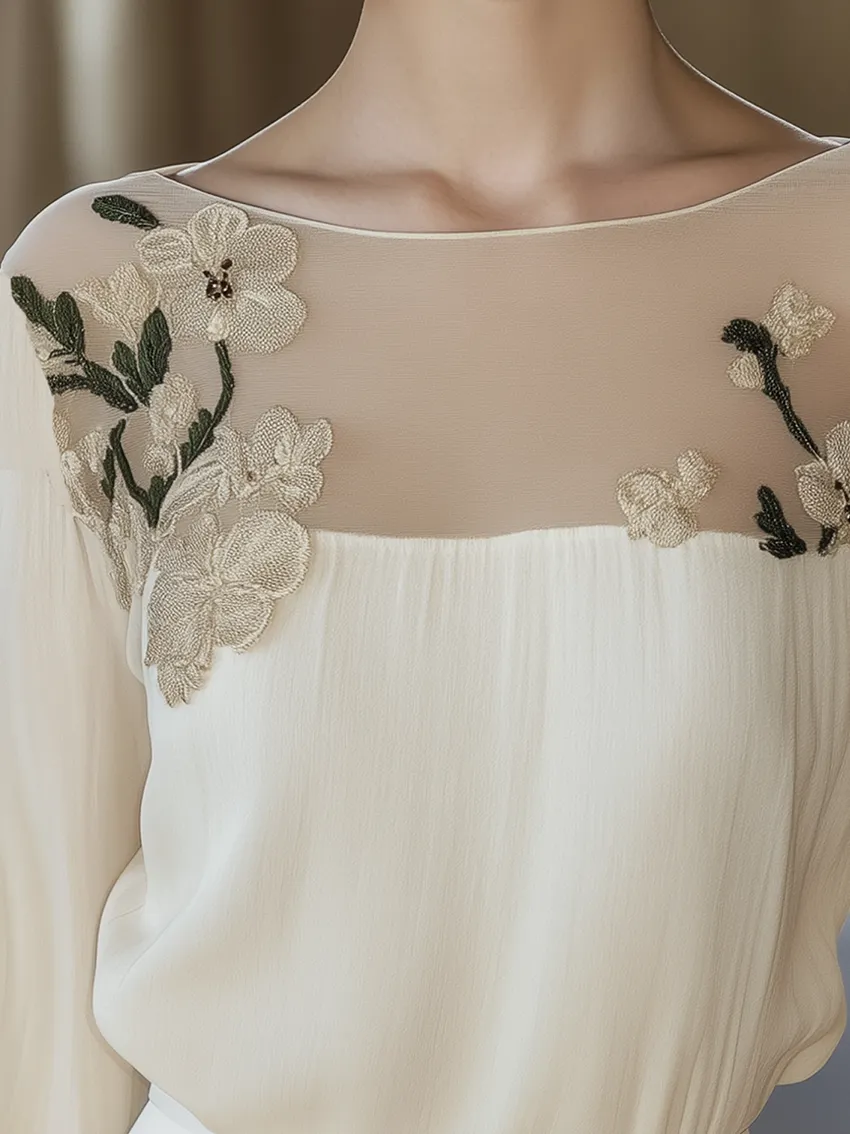 24-Hour-Shipping Beige Stitching Shirt With Elegant Floral Embroidery