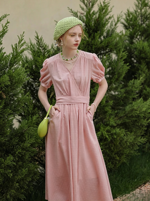 Pink Swiss Dot Wrap Midi Dress