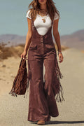 Stylish Suede Tassel Button Pocket Casual Wide-leg Overalls