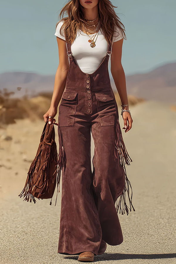 Stylish Suede Tassel Button Pocket Casual Wide-leg Overalls
