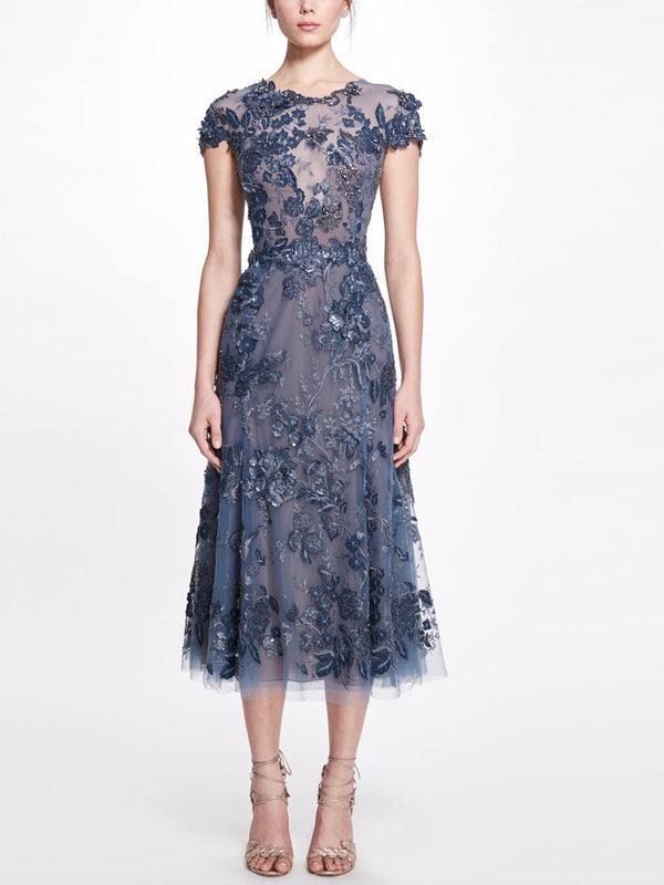 Round Neck Mesh Lace Midi Dress