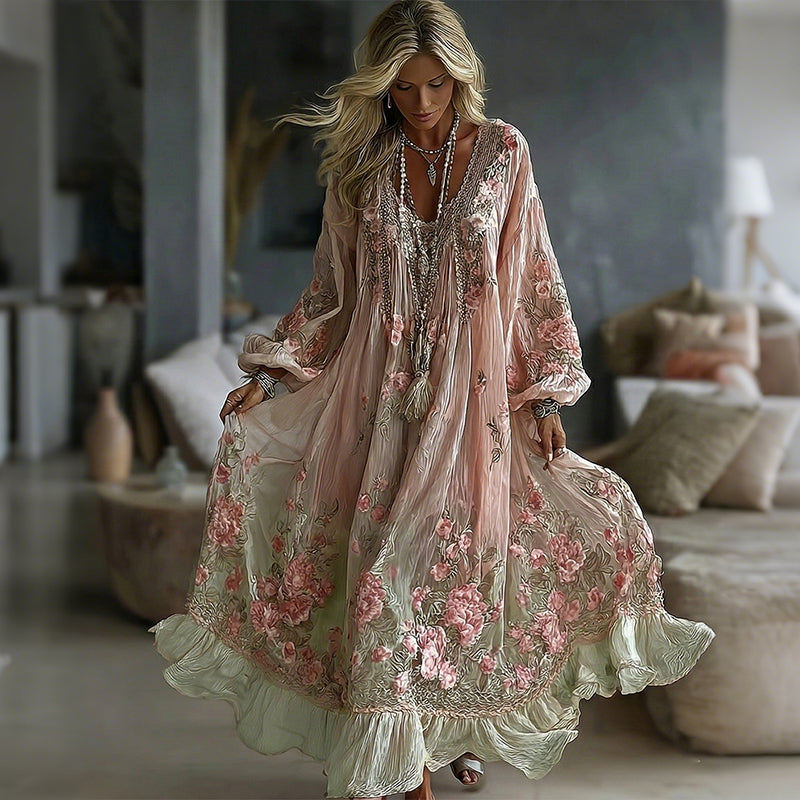 Women's Vintage Floral In Gradient Art Flowy Linen Blend Casual Long Sleeve Maxi Dress