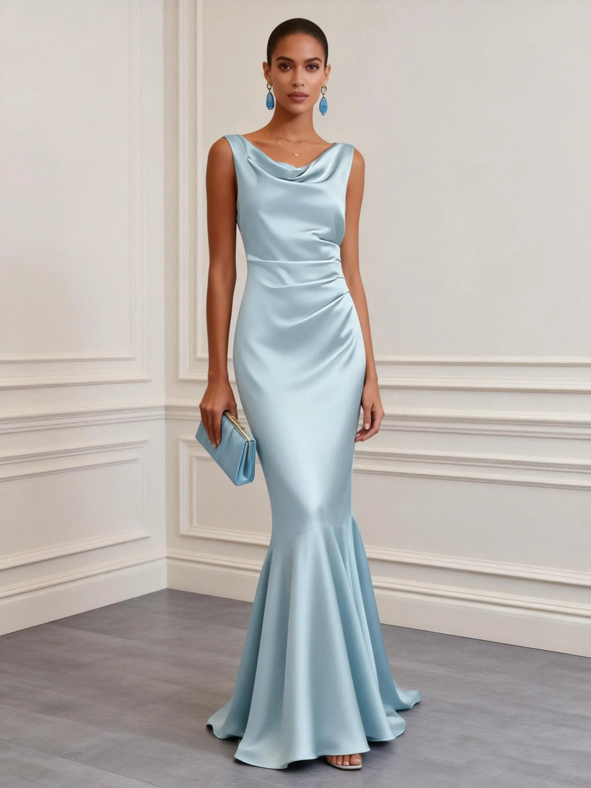Light Blue Ruched Satin Cowl Neck Sleeveless Mermaid Maxi Dress
