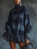 Midnight Plaid Ruffle Hem Turtleneck Dress