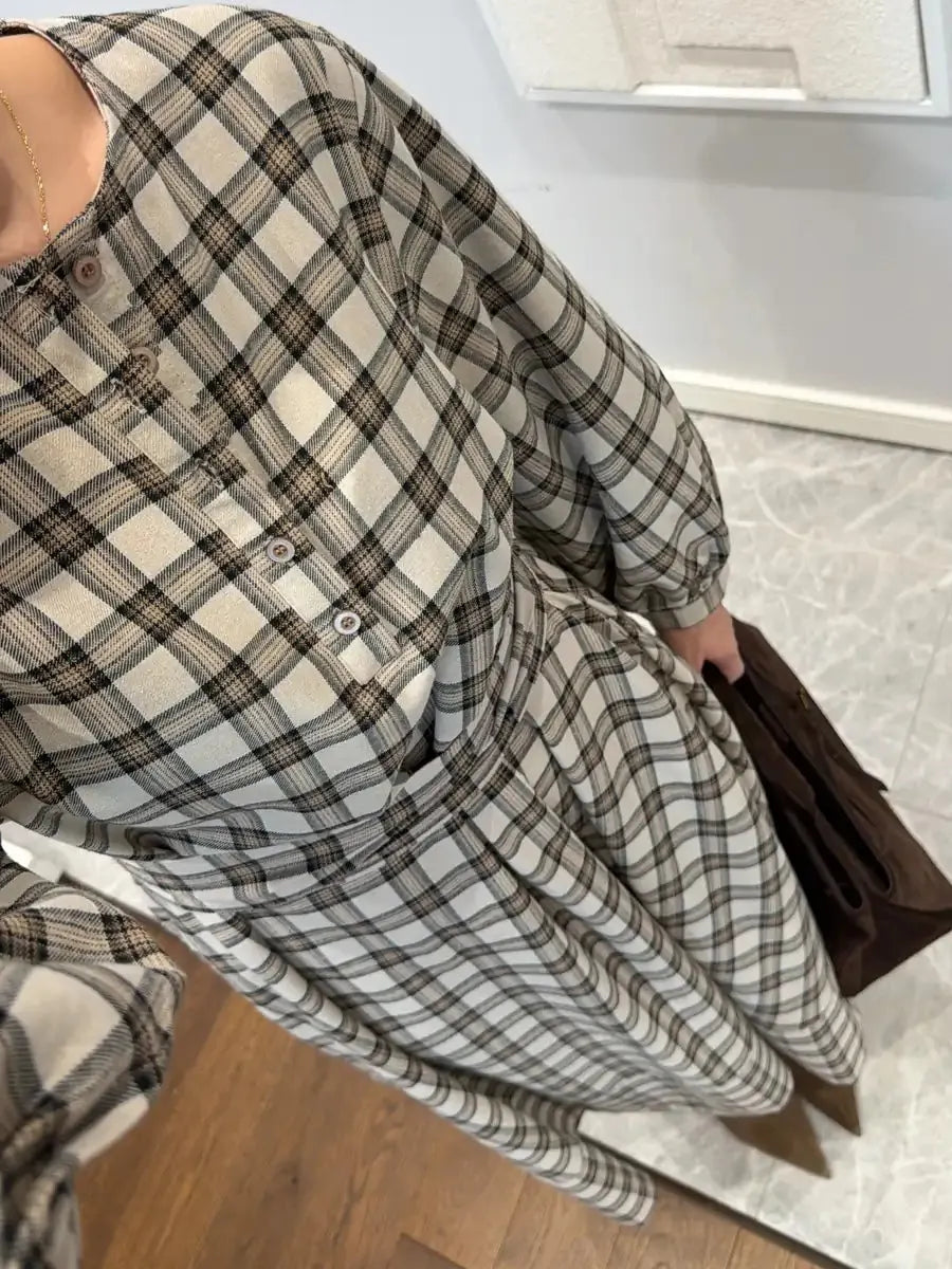 Plaid Patterned Belted Midi Dress