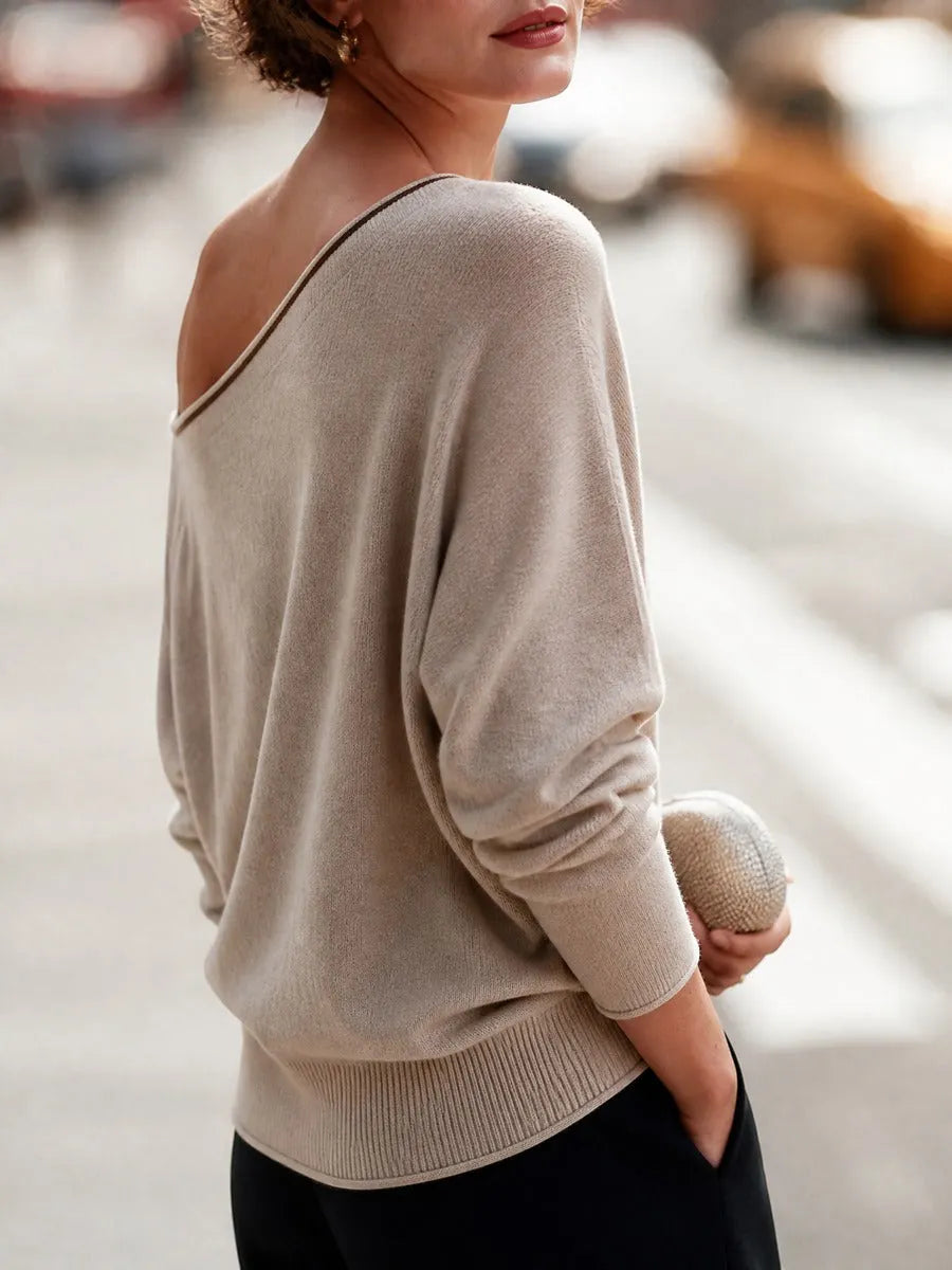 Women's Off-Shoulder Asymmetric Knit Sweater Casual Long Sleeve Top
