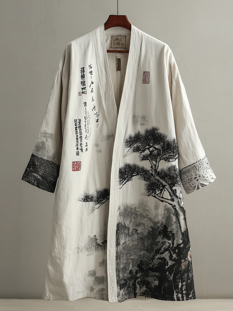 Men's Retro Landscape Painting Art Linen Long Kimono