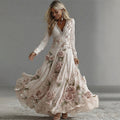 Women's Vintage Boho Pink Rose Floral Lace Sequins Art Flowy Maxi Dress