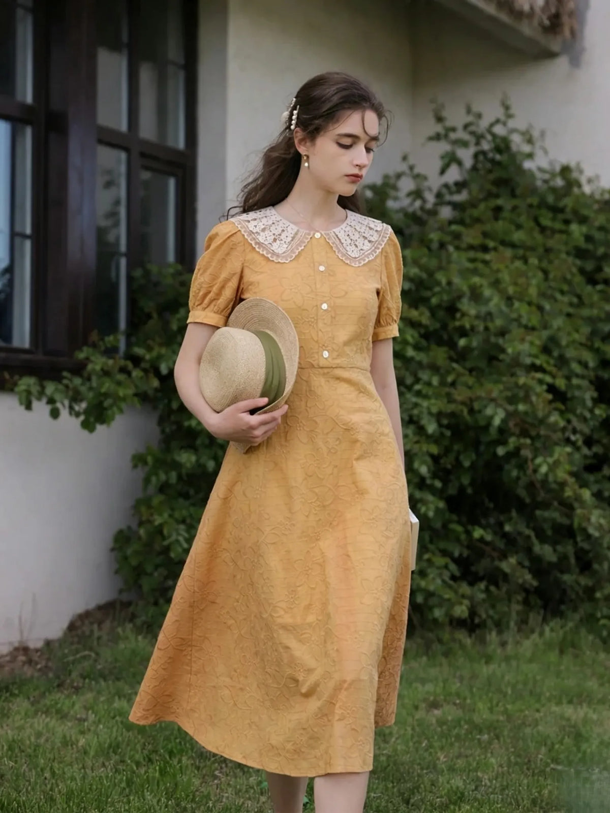 Yellow Embroidery Midi Dress