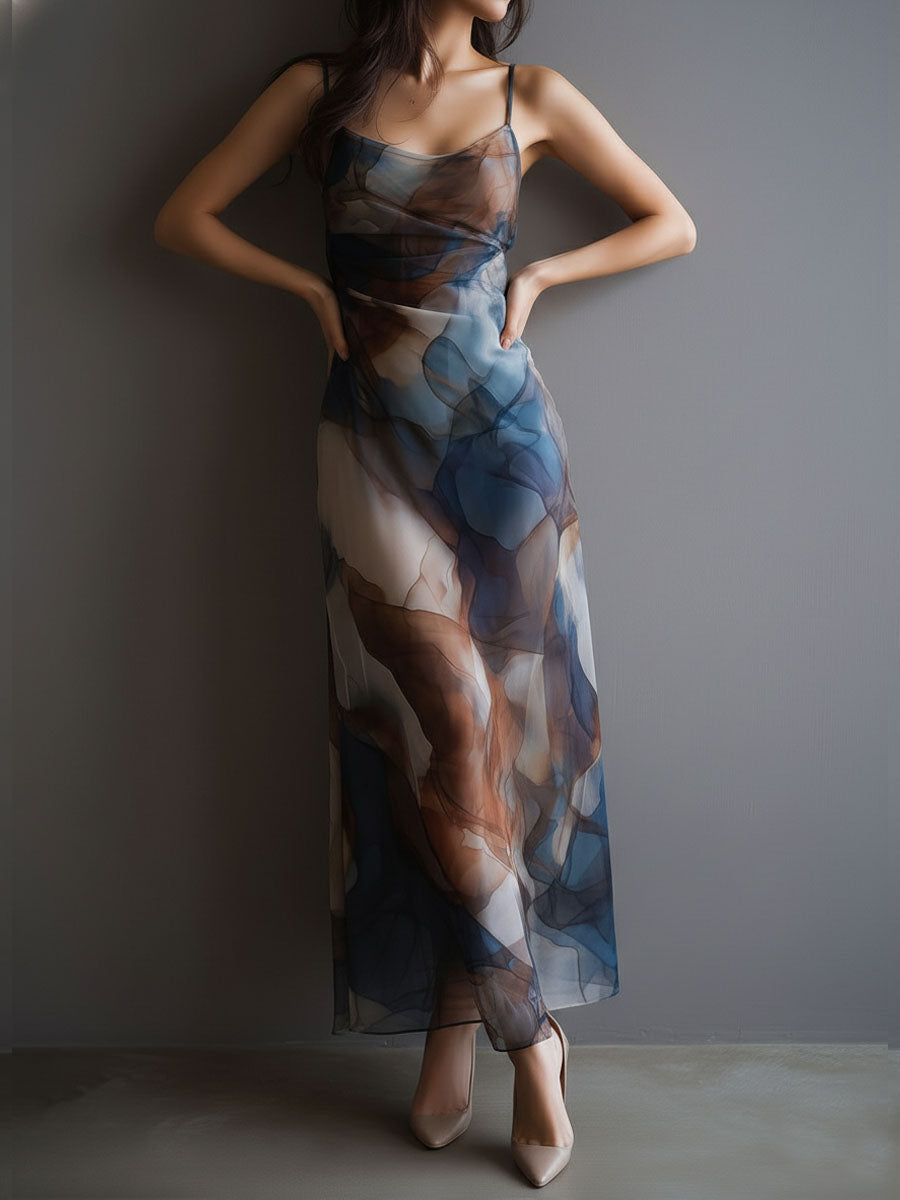 Retro Abstract Print Watercolor Chiffon Slip Maxi Dress
