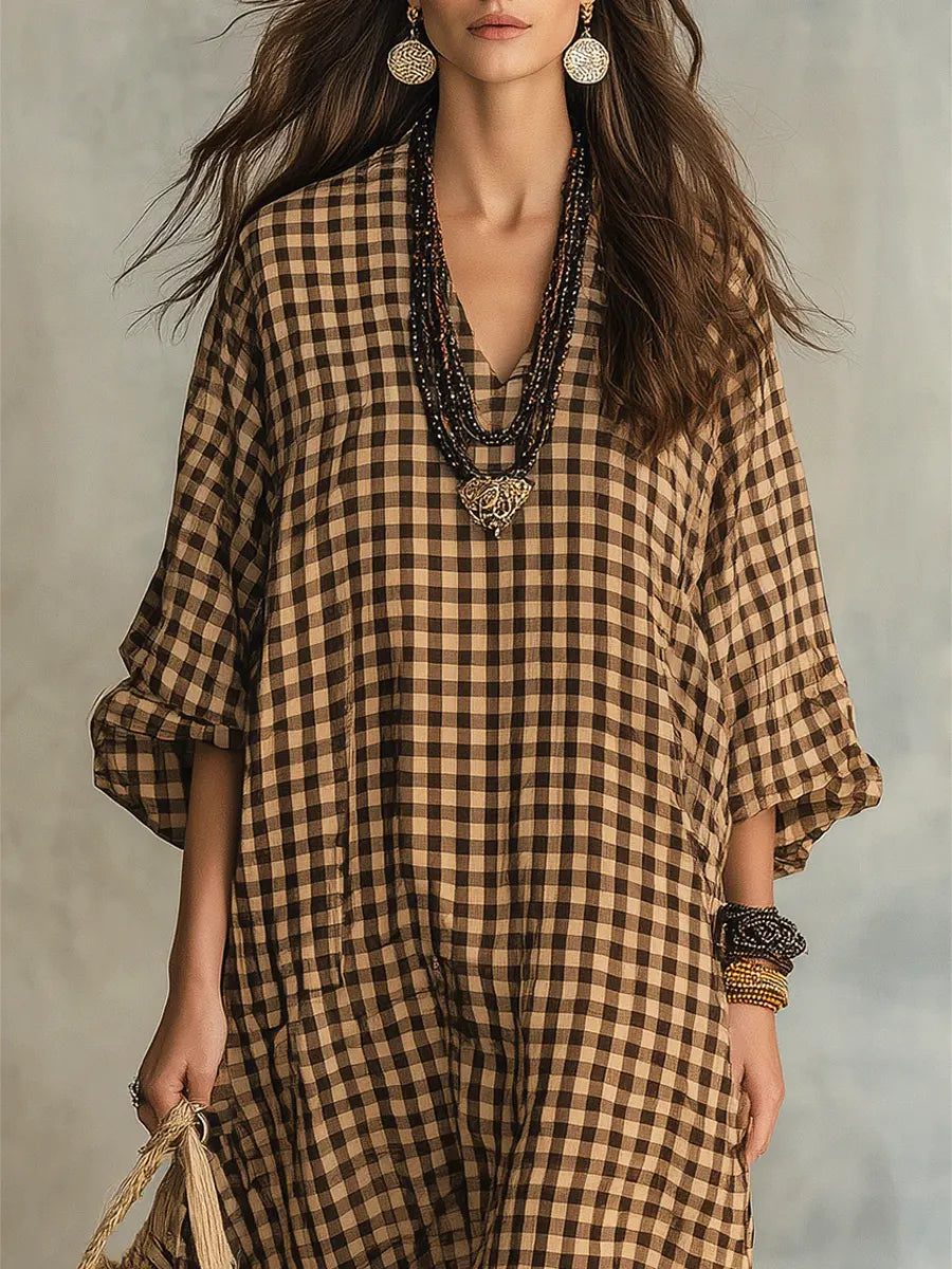 Women's Retro Plaid Art Casual Stylish Cotton Linen Maxi Dress