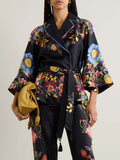 Exquisite Satin Floral Print Contrast Piping Wrap Lace-Up Shirt