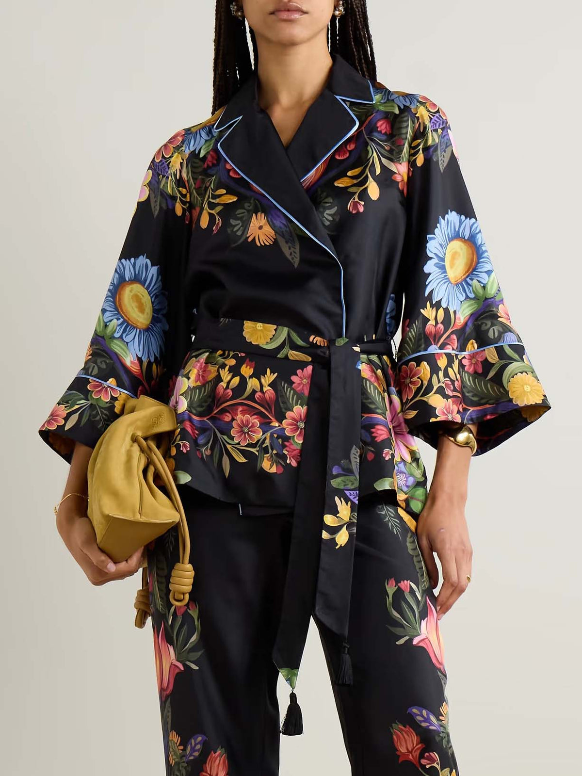 Exquisite Satin Floral Print Contrast Piping Wrap Lace-Up Shirt