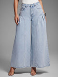 Women's High Waist Pocketed Pleated Wide Leg Loose Casual Denim Pants