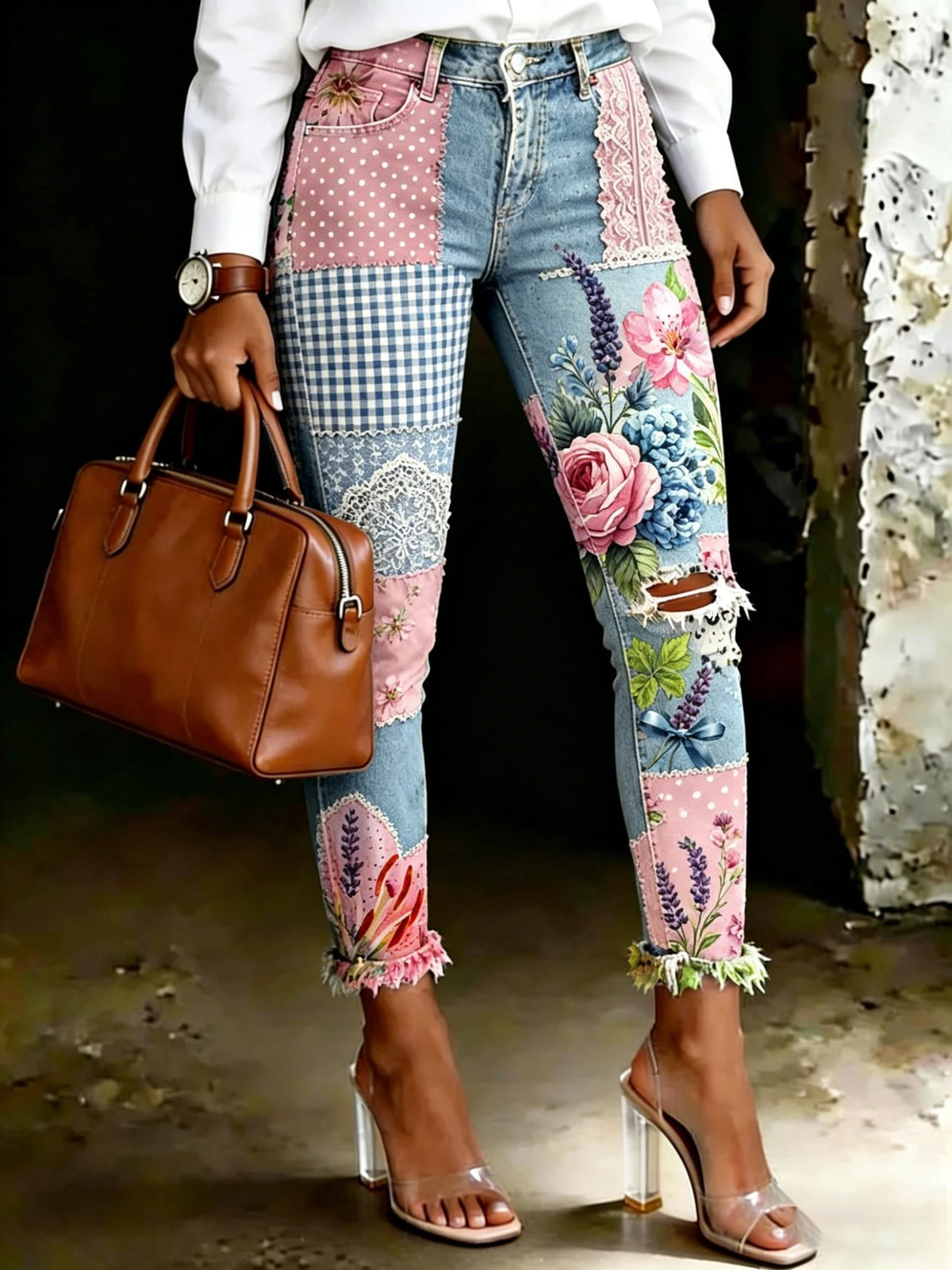 Women's Vintage Ethnic-print Artistic-print Jeans With Pockets