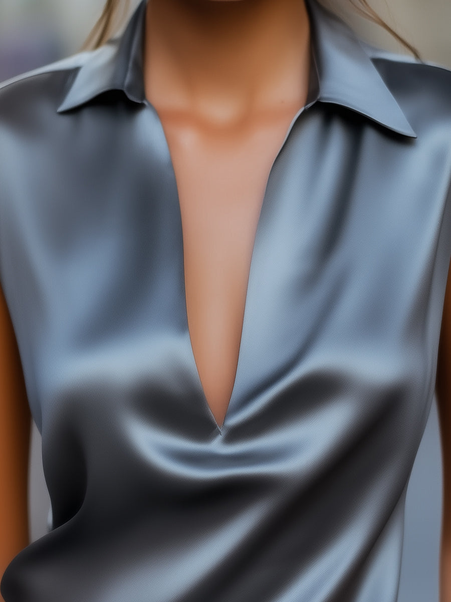 Sleek Gray Satin Plunge Neck Top