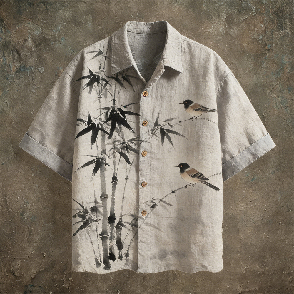 Japanese Ink Painting Art Linen Short Sleeve Shirt