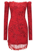 Long Sleeve Strapless Sequin Tassel Dress Red