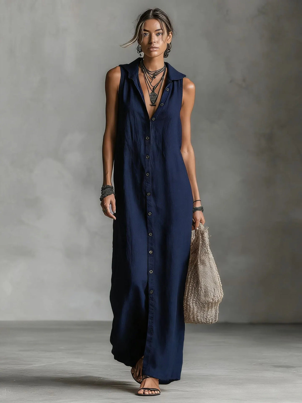 Bohemian Hooded Maxi Shirt Dress - Sleeveless High-Slit Button-Down Summer Vacation Long Dress