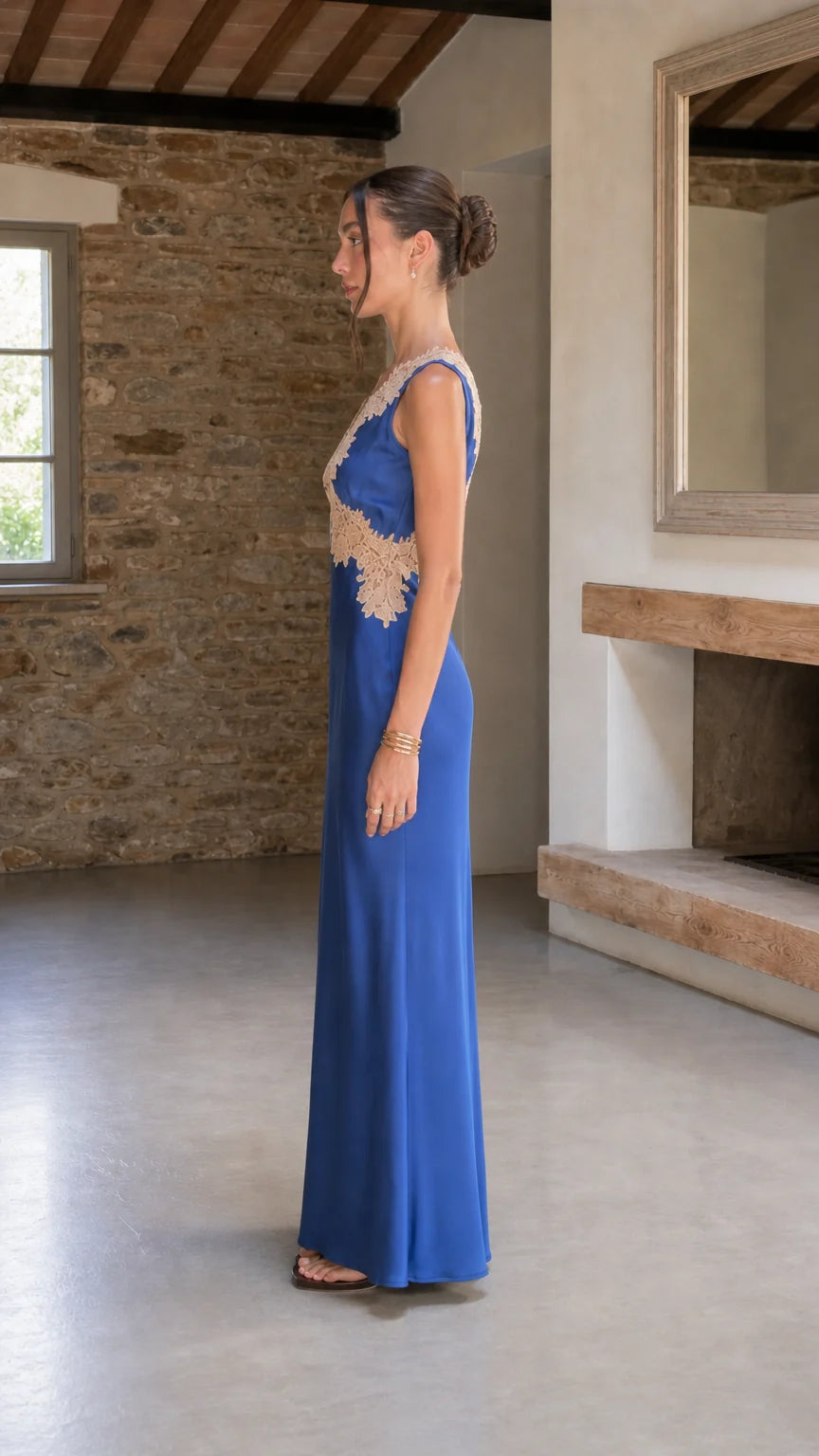 Elegant Contrast Lace Trim Sleeveless Satin Maxi Dress