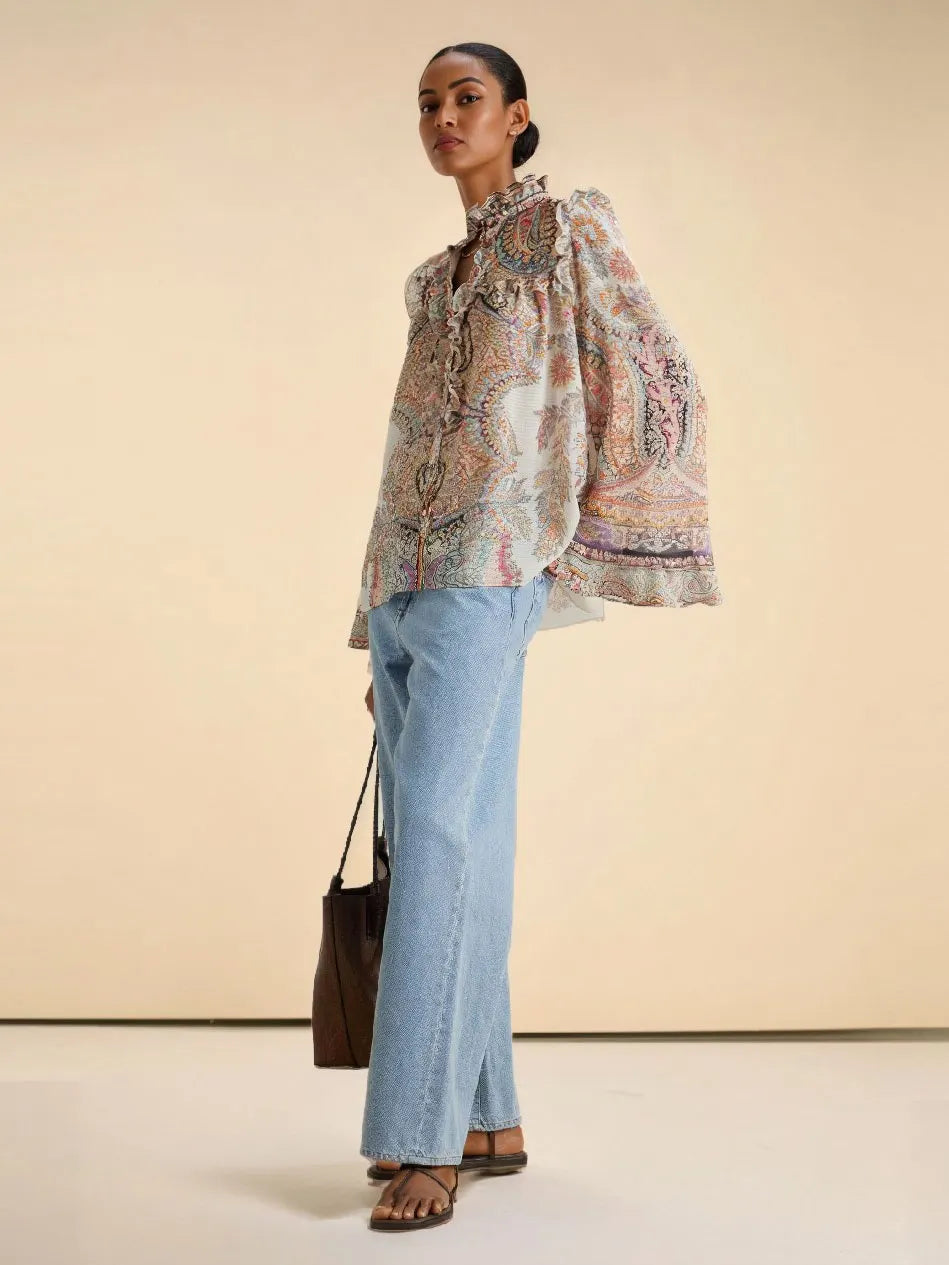 Exquisite Vintage Paisley Print Wide-leg Pants