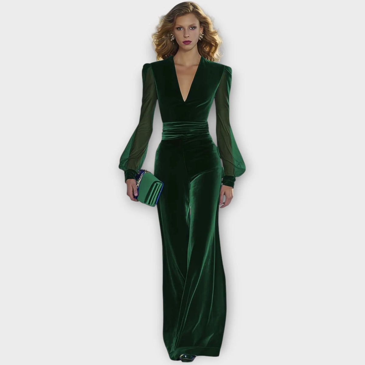 Velvet Wide-Leg Jumpsuit with Sheer Sleeves