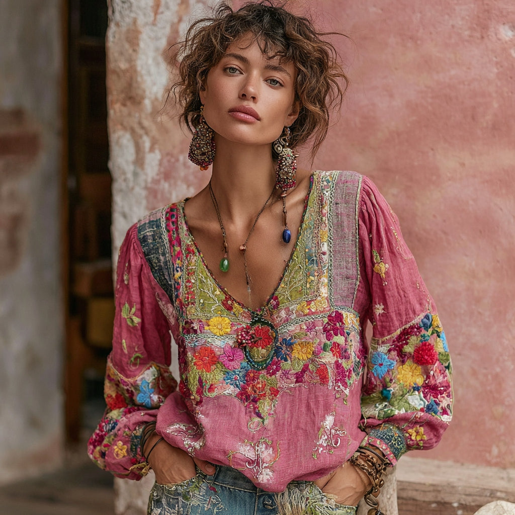 Women's Bohemian Floral Embroidery Art Print V-neck Long Sleeve Linen Blend T-shirt