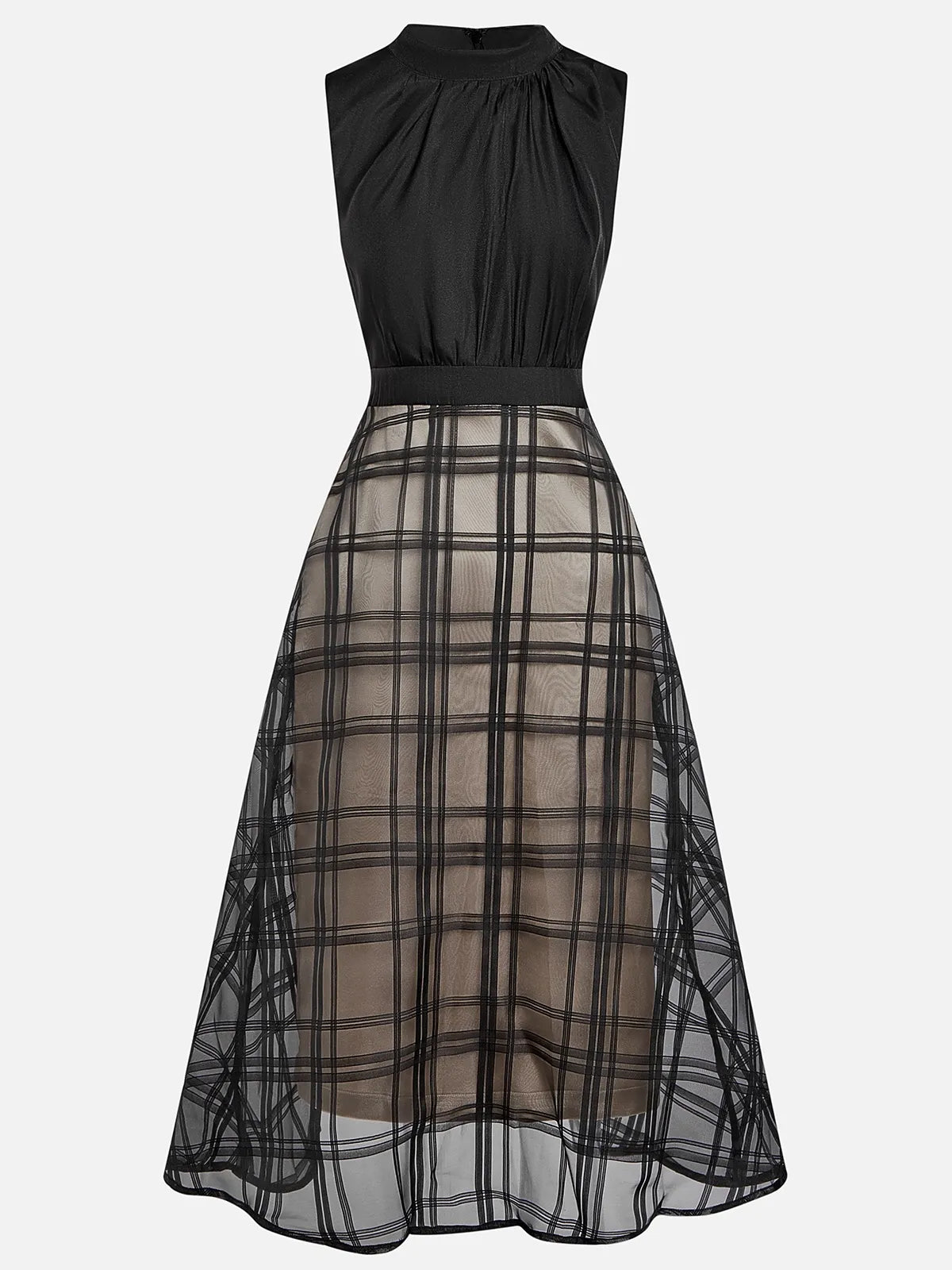 Black Mesh Plaid Classic Mock Neck Sleeveless A-Line Midi Dress