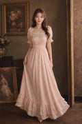 Women's Blush Pink Lace Trim Prairie Maxi Dress Square Neck Puff Sleeve Ruched Bodice Floor Length Gown
