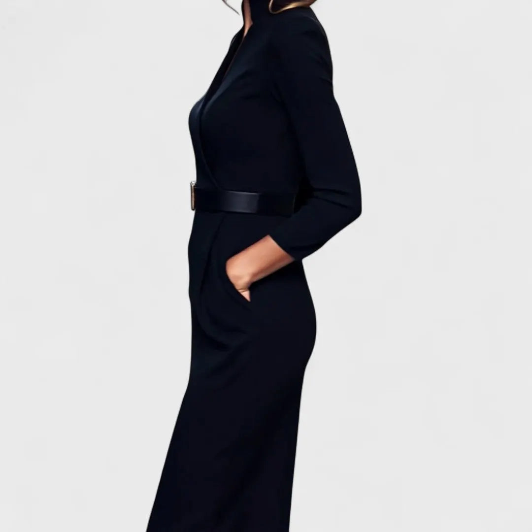 Refined black dress with belt and mandarin collar