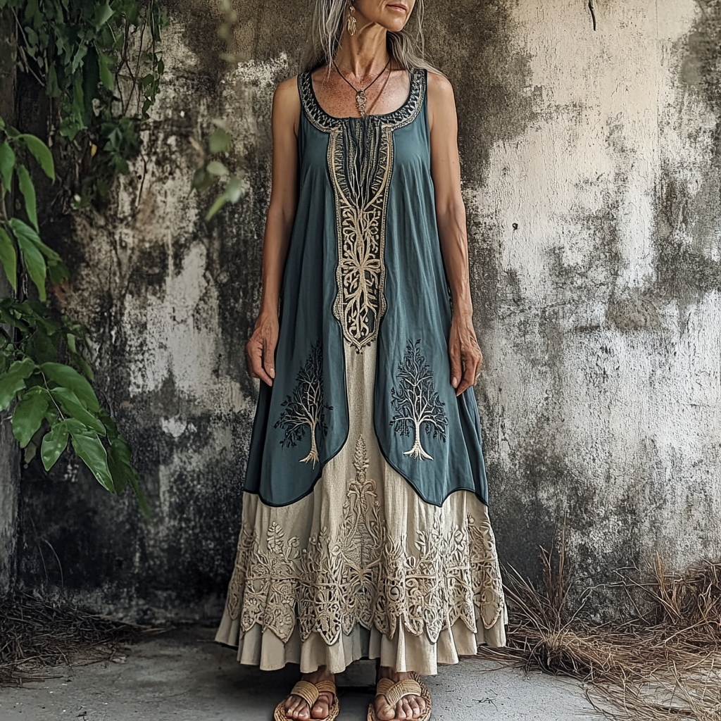 Women's Vintage Tribal Patchwork Linen Blend Midi Dress