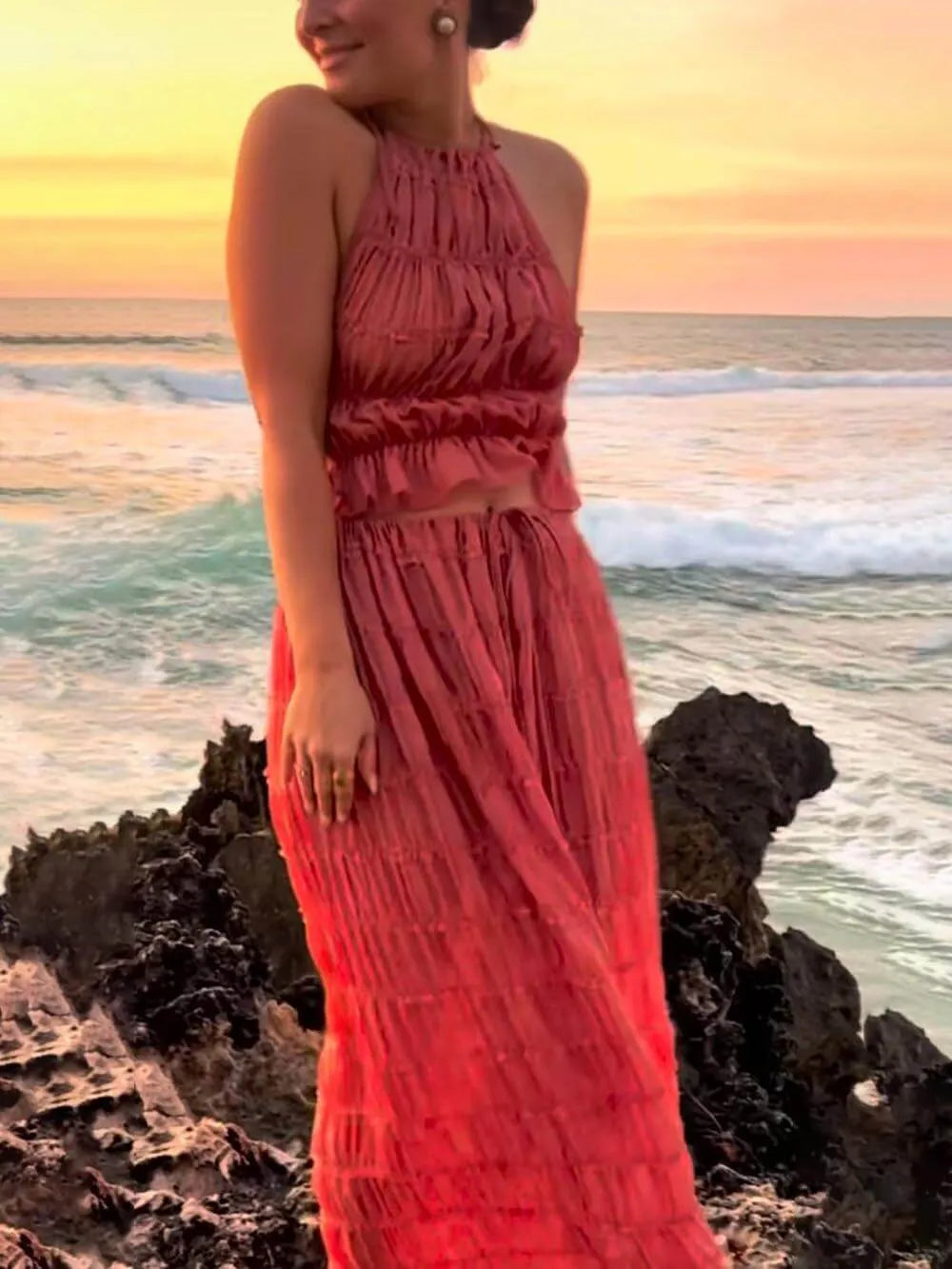 Charm Pleated Drawstring Waist Tiered Maxi Skirt