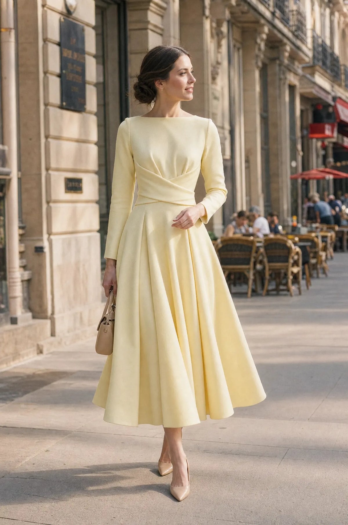 Cross Waist Boat Neck Fit Flare Midi Crepe Dress