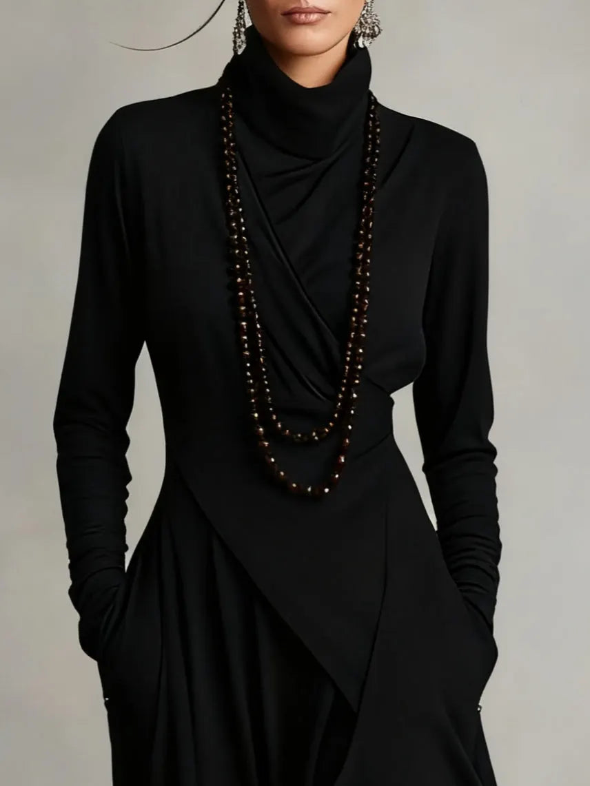 Purple High-neck Asymmetrical Pleated Maxi Dress(Necklace not included)