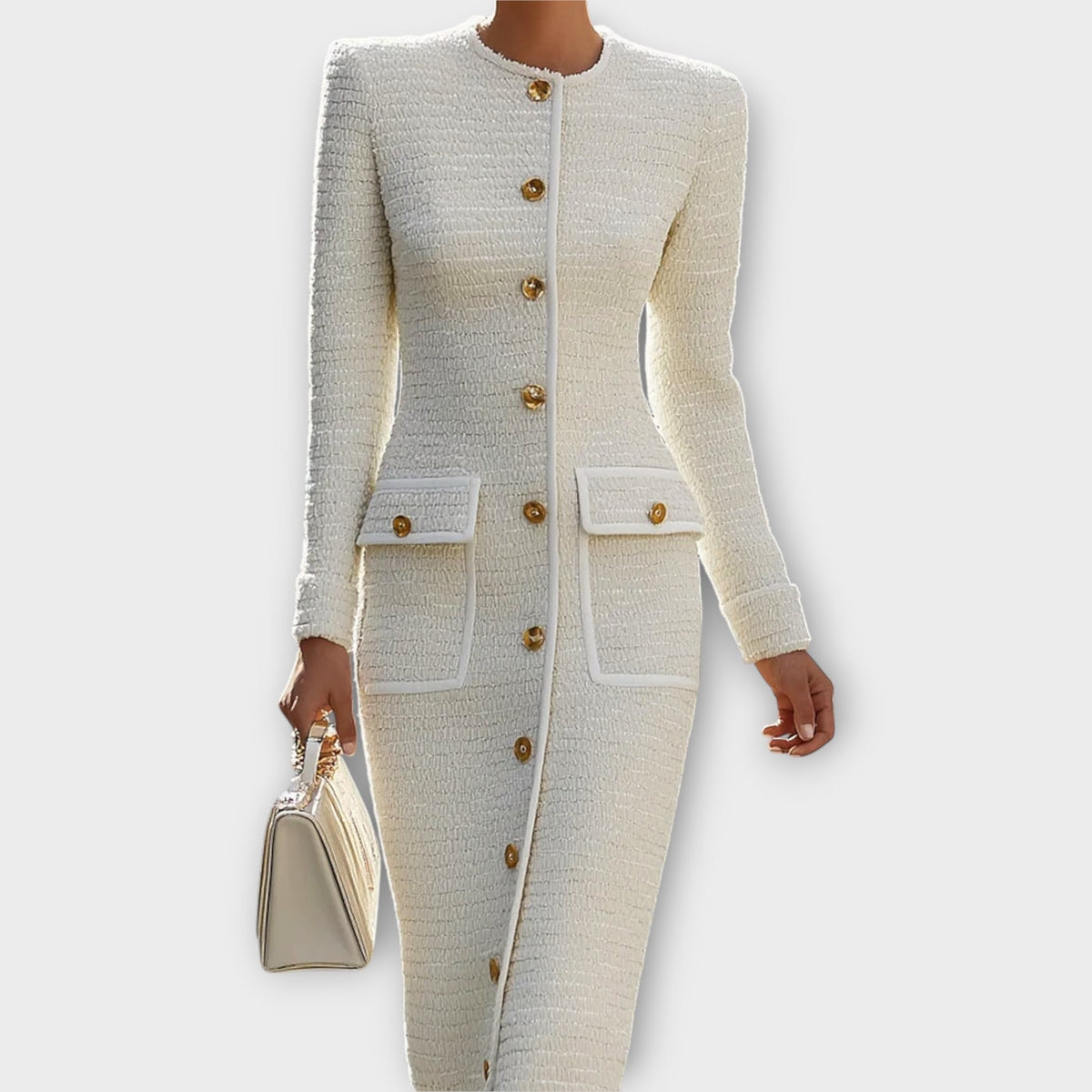 Elegant Button-Front Tweed Midi Dress