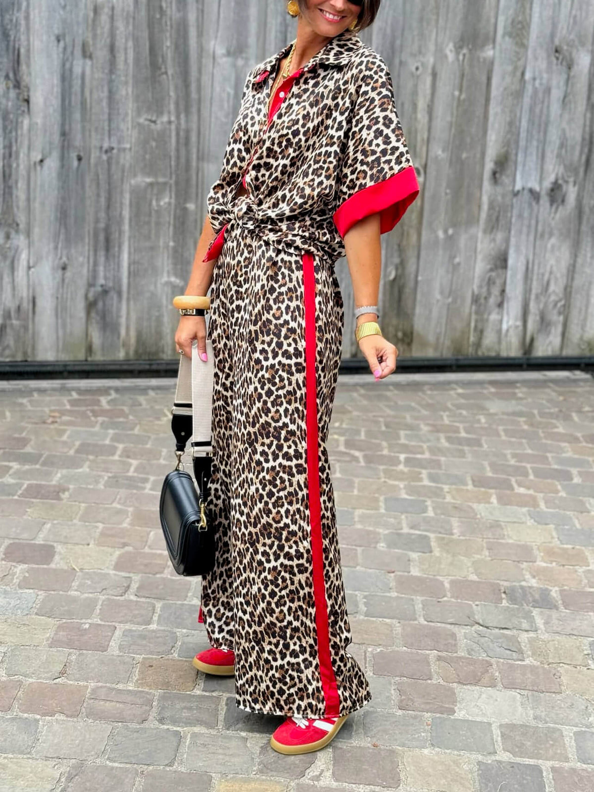 Exquisite Leopard Floral Print Contrast Wide-Leg Pants
