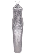 Halter Floral Sequin Maxi Dress Silver