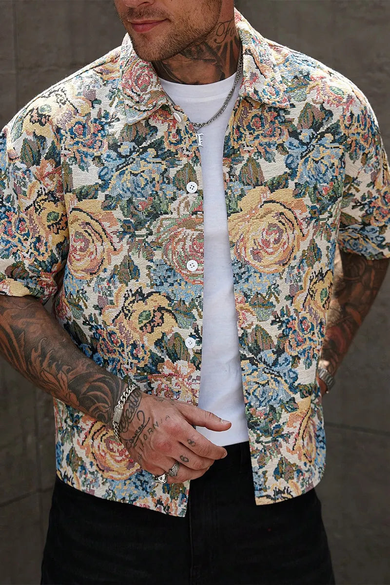 Men OVintage Floral Tapestry Jacquard Short Sleeve Button Down Shirt