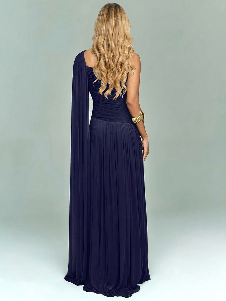 Elegant One-Shoulder Ruched Chiffon Maxi Dress