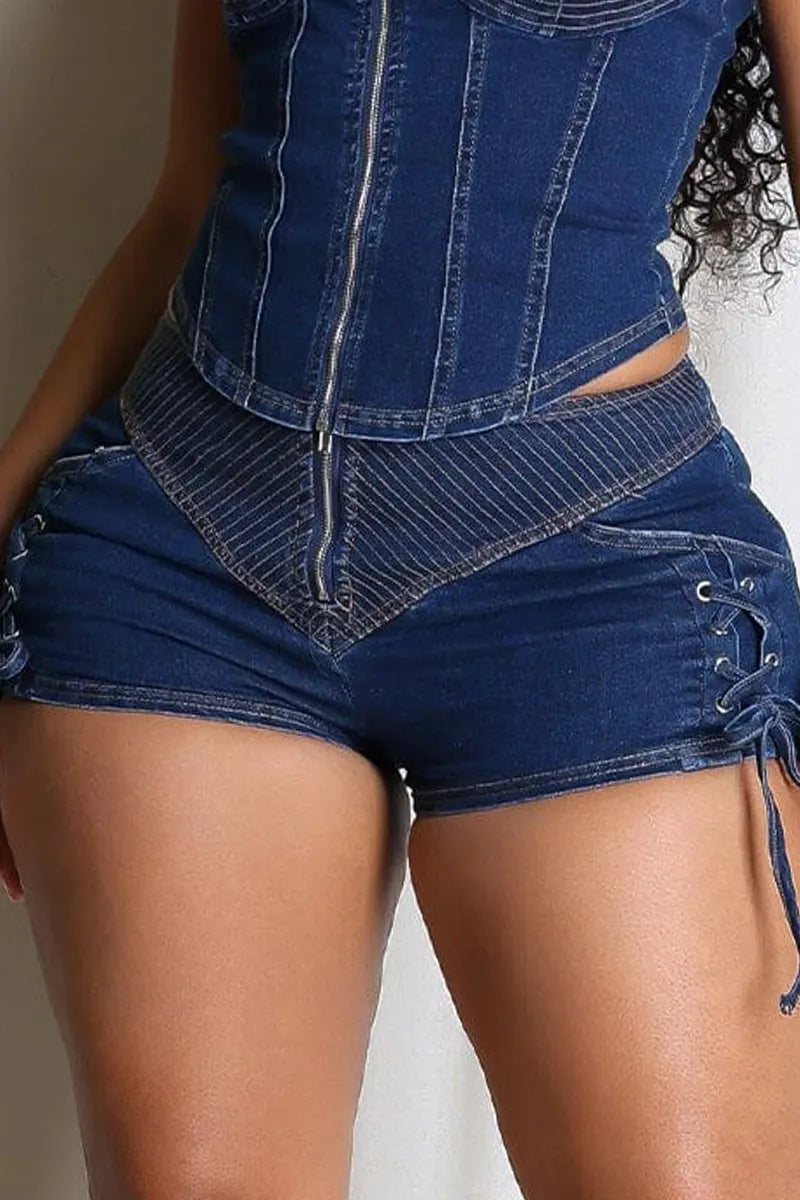 Women's Casual Denim Cami Top&Drawstring Denim Shorts